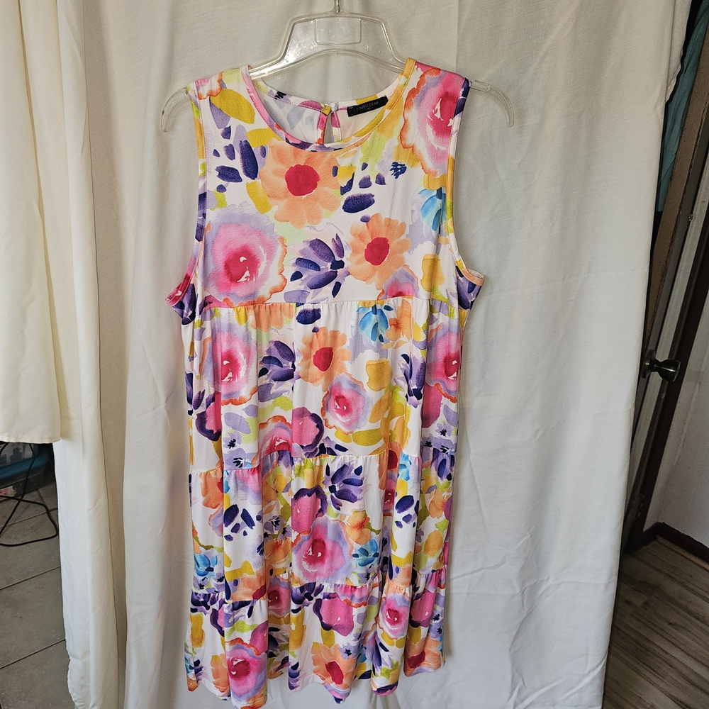 Casual Pink and Yellow Midi Sundress with Crew Neck